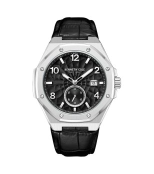 Мъжки сребрист часовник с черна кожена каишка Kenneth Cole снимка