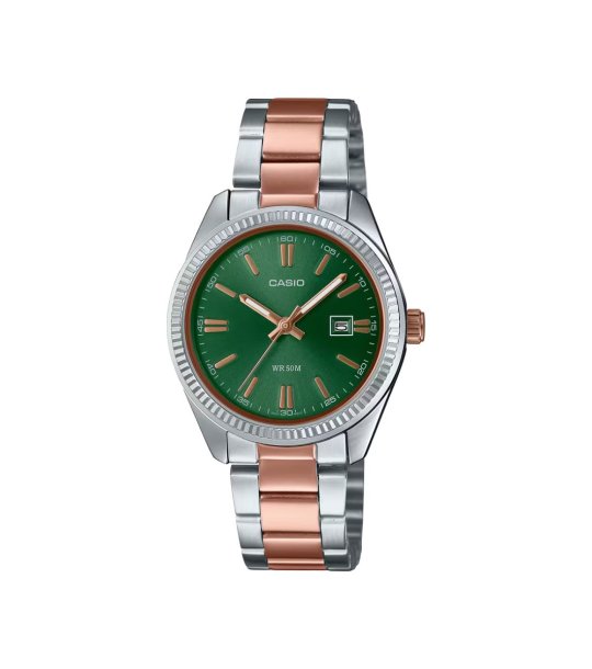 Дамски часовник в сребристо и розово злато със зелен циферблат Casio снимка