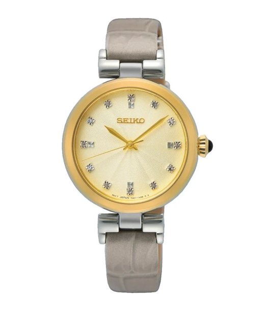 Дамски сребристо-златист часовник със светлосива кожена каишка Seiko снимка