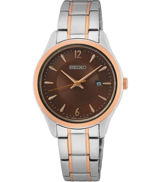 Дамски сребрист часовник с кафяв циферблат SEIKO снимка
