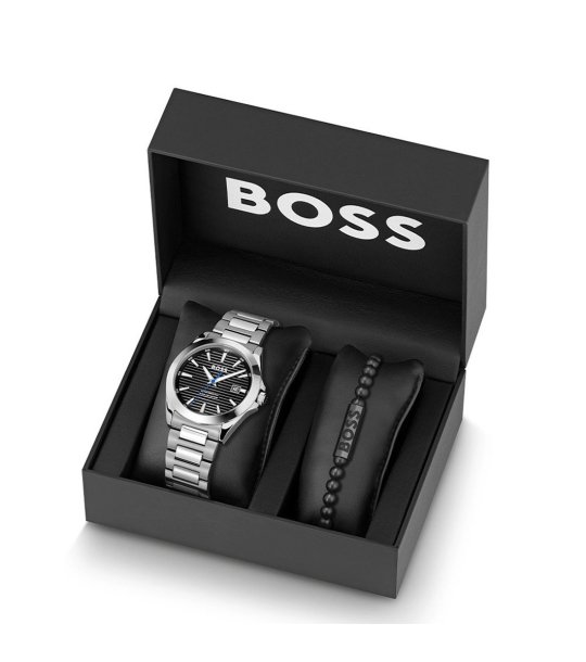 Мъжки сребрист часовник Strike Giftset с черен циферблат и гривна Boss снимка