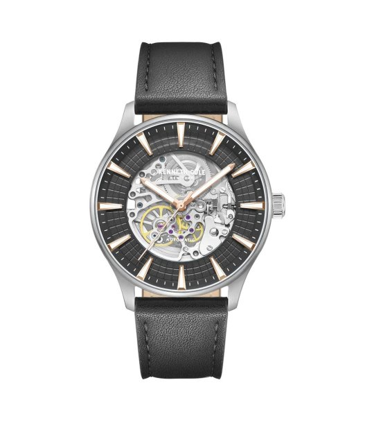 Мъжки сребристосив аналогов часовник с открит механизъм и кожена каишка Kenneth Cole снимка