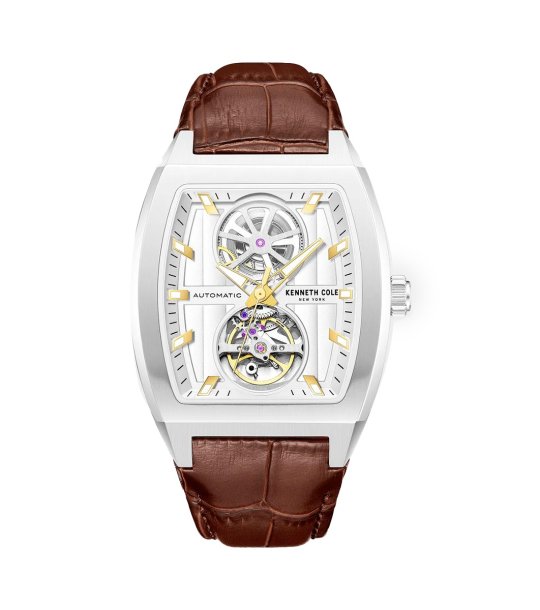 Мъжки сребрист часовник с кафява кожена каишка Kenneth Cole снимка