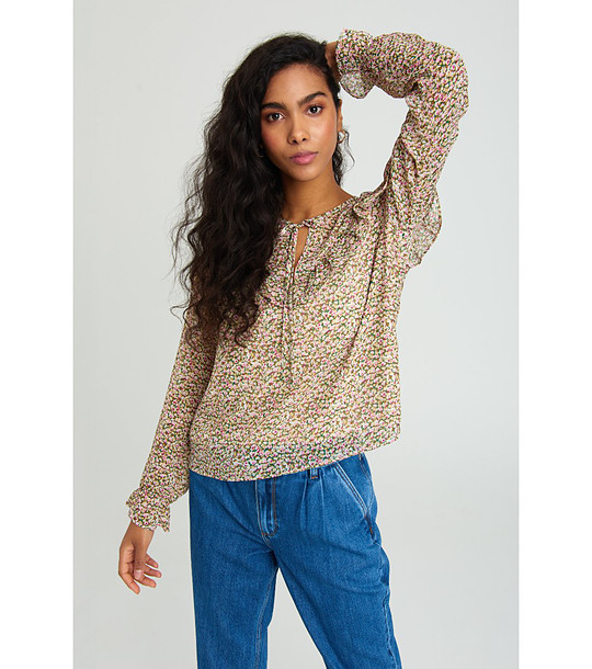 Бежова блуза с цветен десен и къдрици BLOUSE снимка