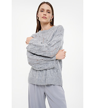 Сив пуловер с плетен релеф Sweater снимка