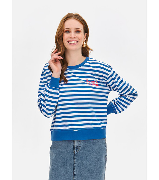 Син пуловер на райе с бродерия SWEATSHIRT снимка