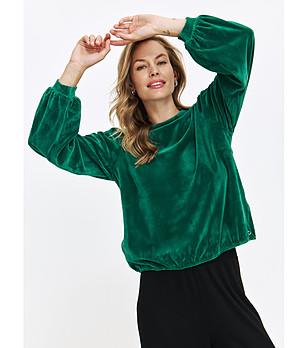 Зелена велурена блуза с ластичен подгъв SWEATSHIRT снимка