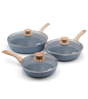 Комплект от три тигана със стъклени капаци с ефект дърво PIERRE GOURMET снимка