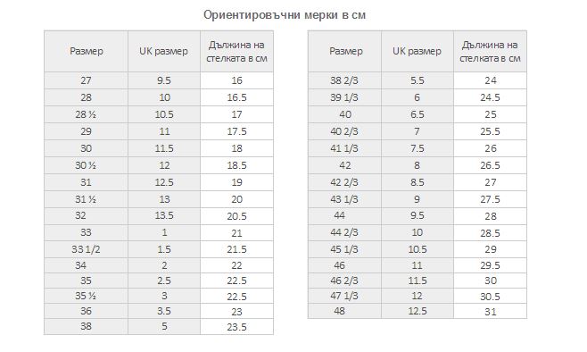 размерна таблица снимка